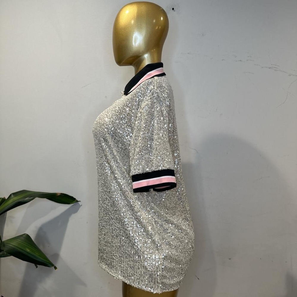 Silver sequin polo shirt with pink and black trim NEW LARGE - Picture 6 of 7